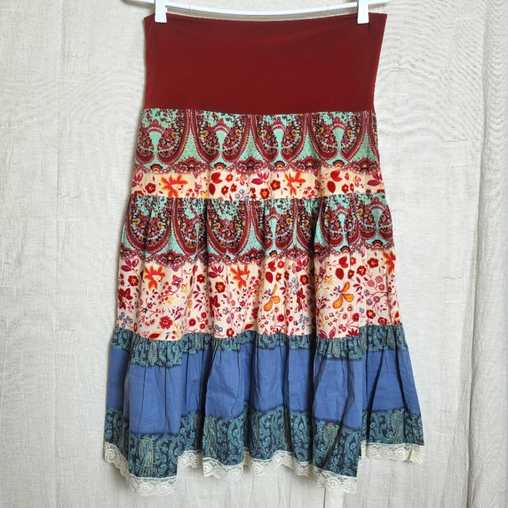 Captive Women's L Tiered Midi Skirt Multicolored Paisley Floral Patchwork Boho
